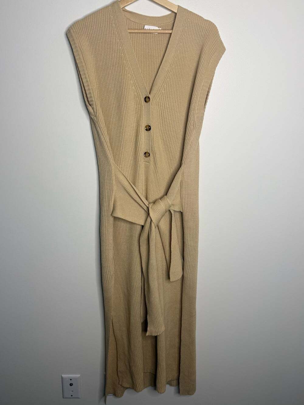 Mable Sleeveless Knit Maxi Dress with Self Tie in Tan size medium